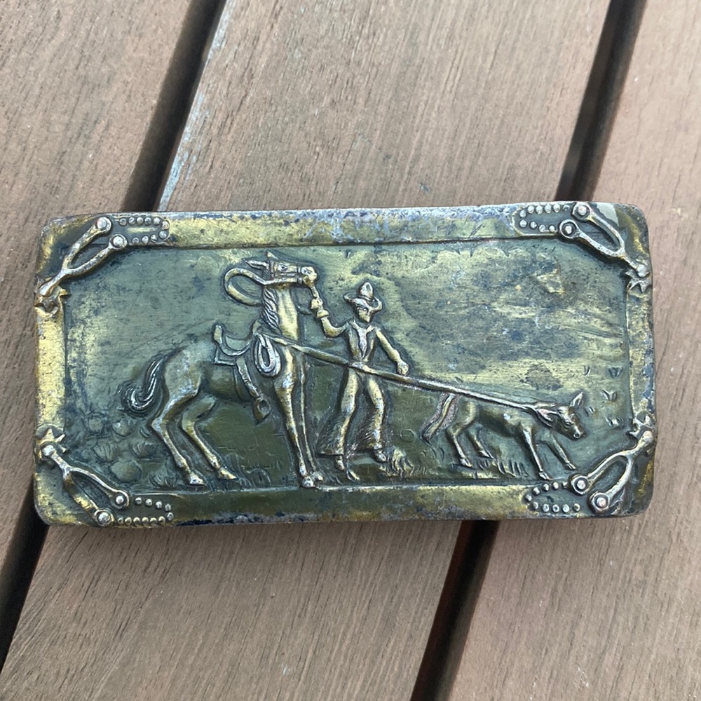 VINTAGE 1940s Aged Brass Belt Buckle with Cowboy Roping a Calf